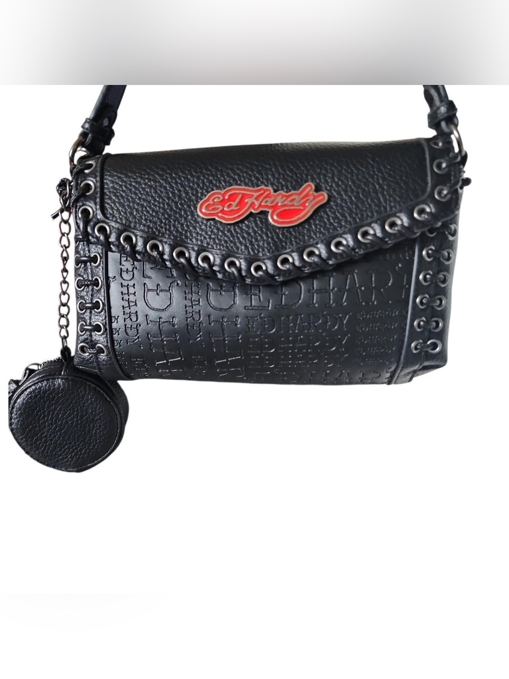 ED HARDY black vegan leather shoulder bag with red logo and studded details. NWT - Picture 3 of 5
